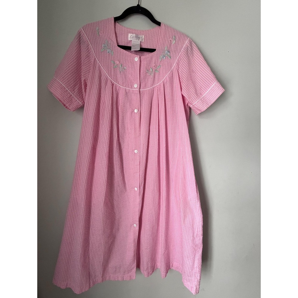 Pink Gingham Embroidered House Dress Snap Front Seersucker Nightgown M